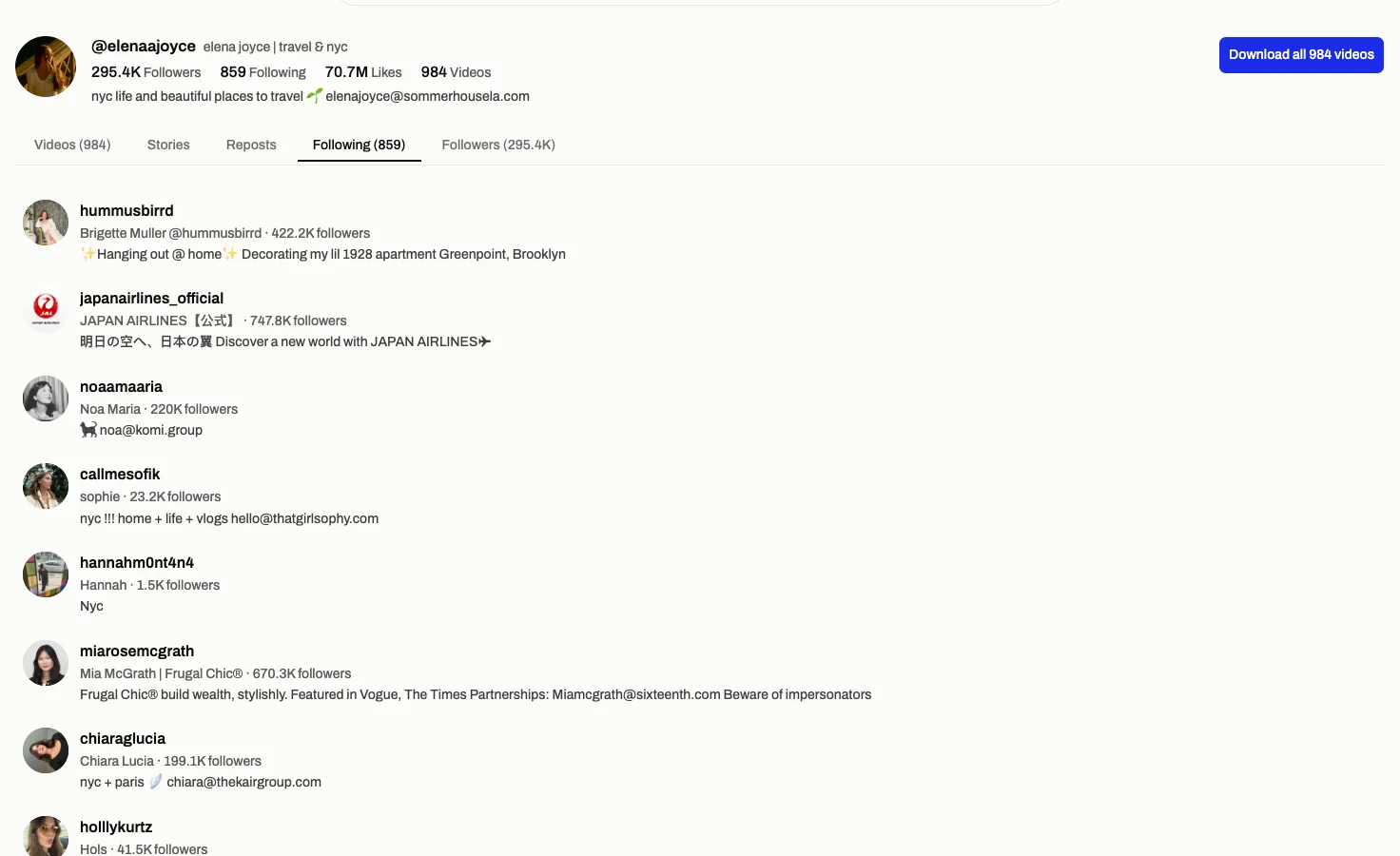 The elenaajoyce Following tab in TikViewer, listing public accounts with their avatars, names, follower counts and bios.