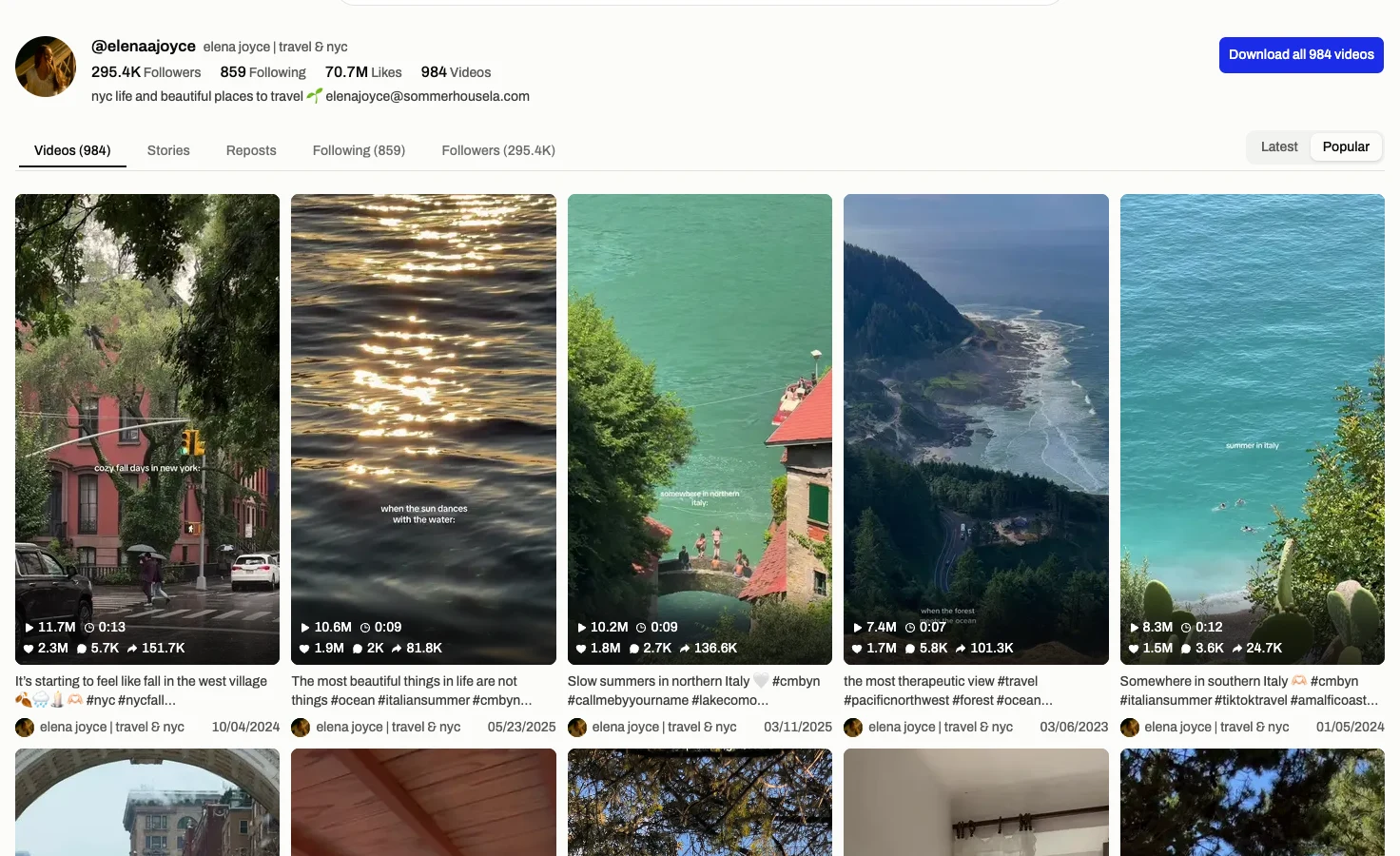 The elenaajoyce Videos tab in TikViewer sorted by Popular, with play, like, comment and share counts on each video.