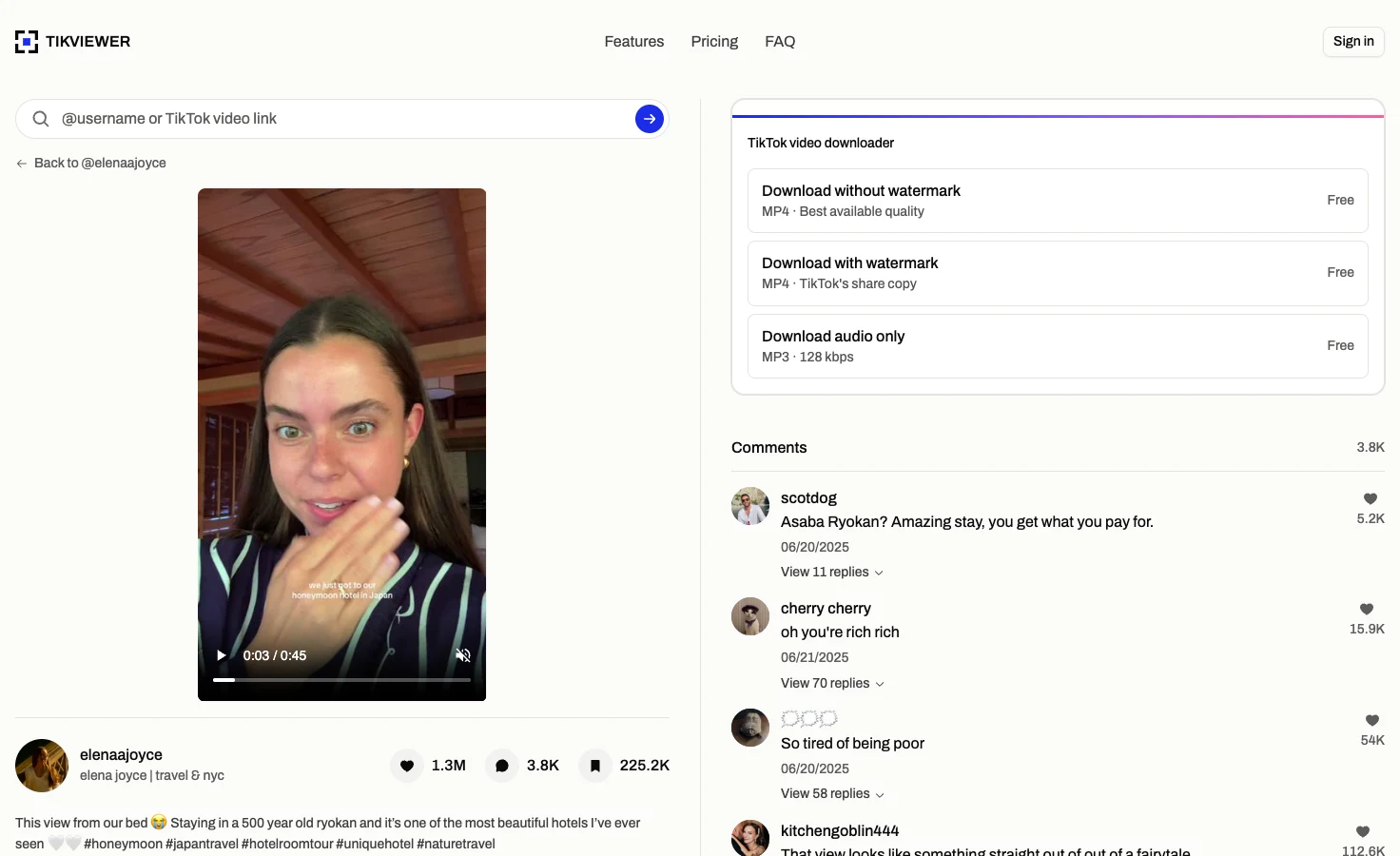 A video from the elenaajoyce account playing in TikViewer, with its free download options and comments beside it.