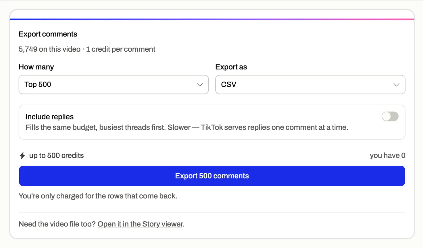 导出弹窗:选择条数、是否包含回复、导出为 CSV 或 Excel。