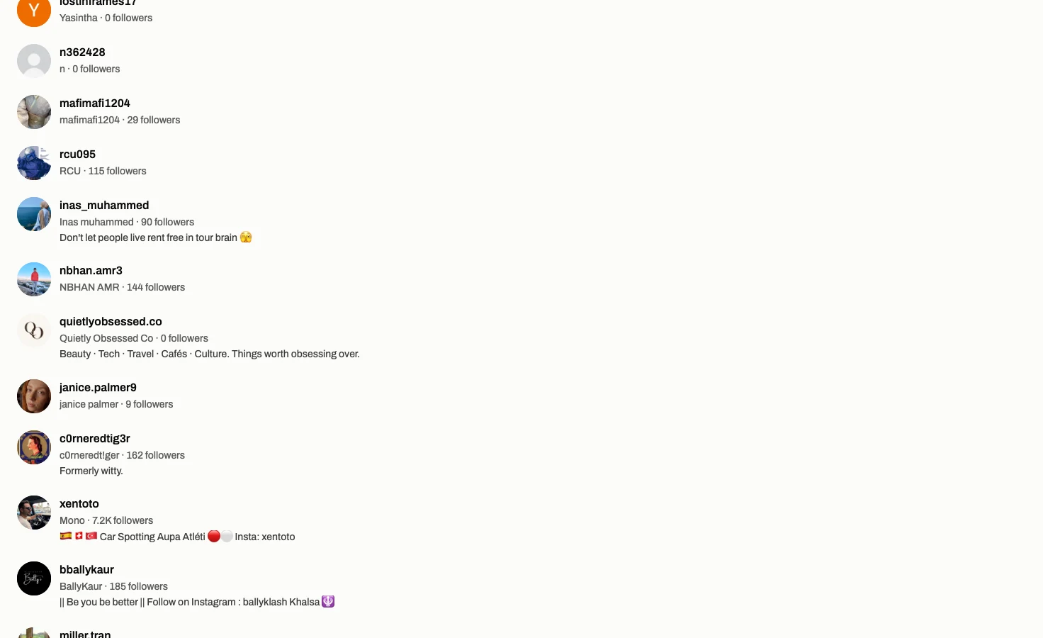 A close view of public follower rows for elenaajoyce, including avatars, usernames, nicknames, follower counts and bios.