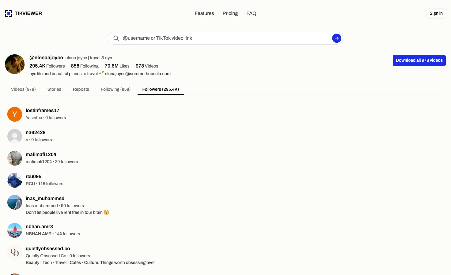 The public TikTok follower list for elenaajoyce open in TikViewer, with the Followers tab selected below the profile summary.