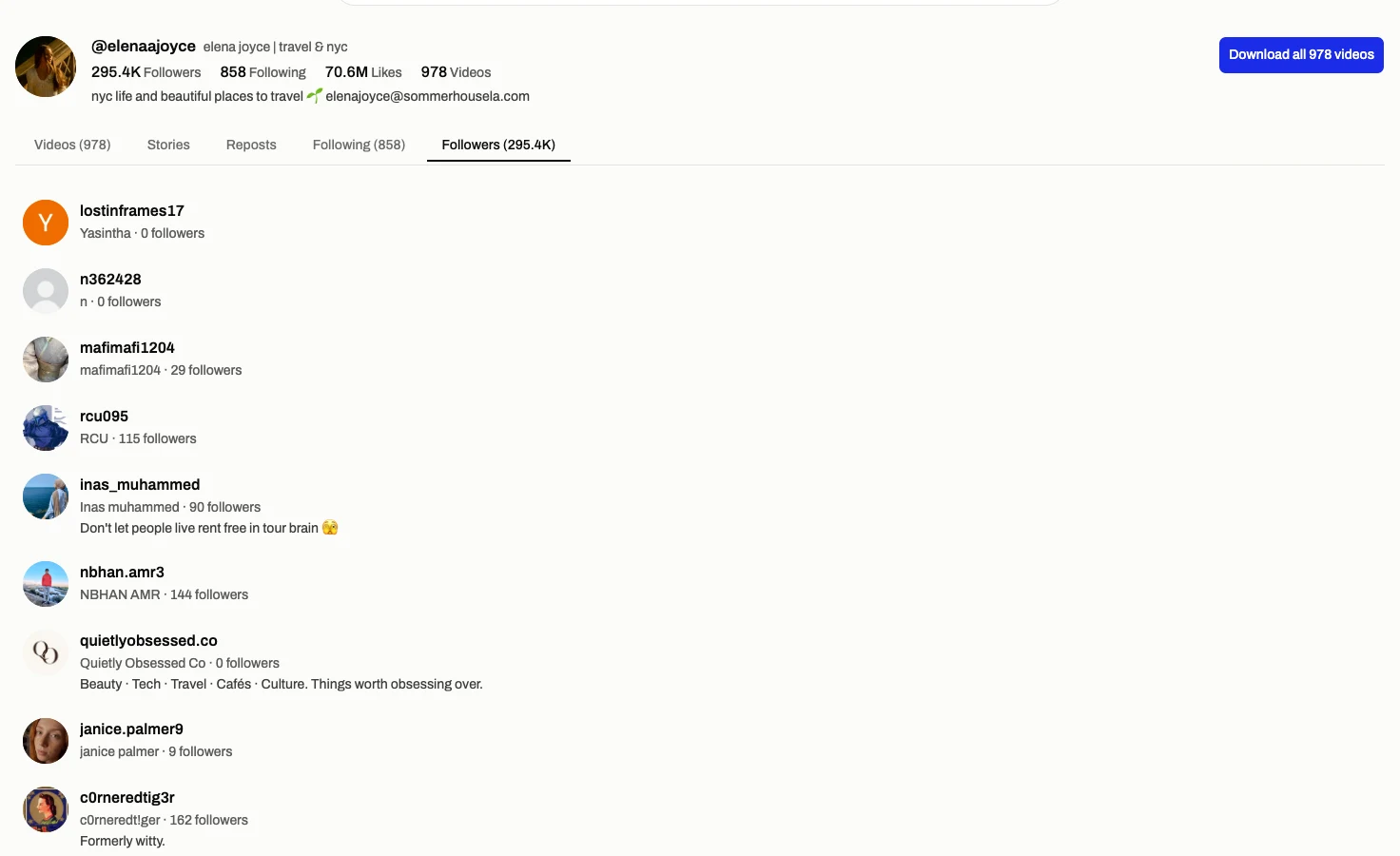The Followers tab for elenaajoyce in TikViewer, showing public follower rows under the account header.
