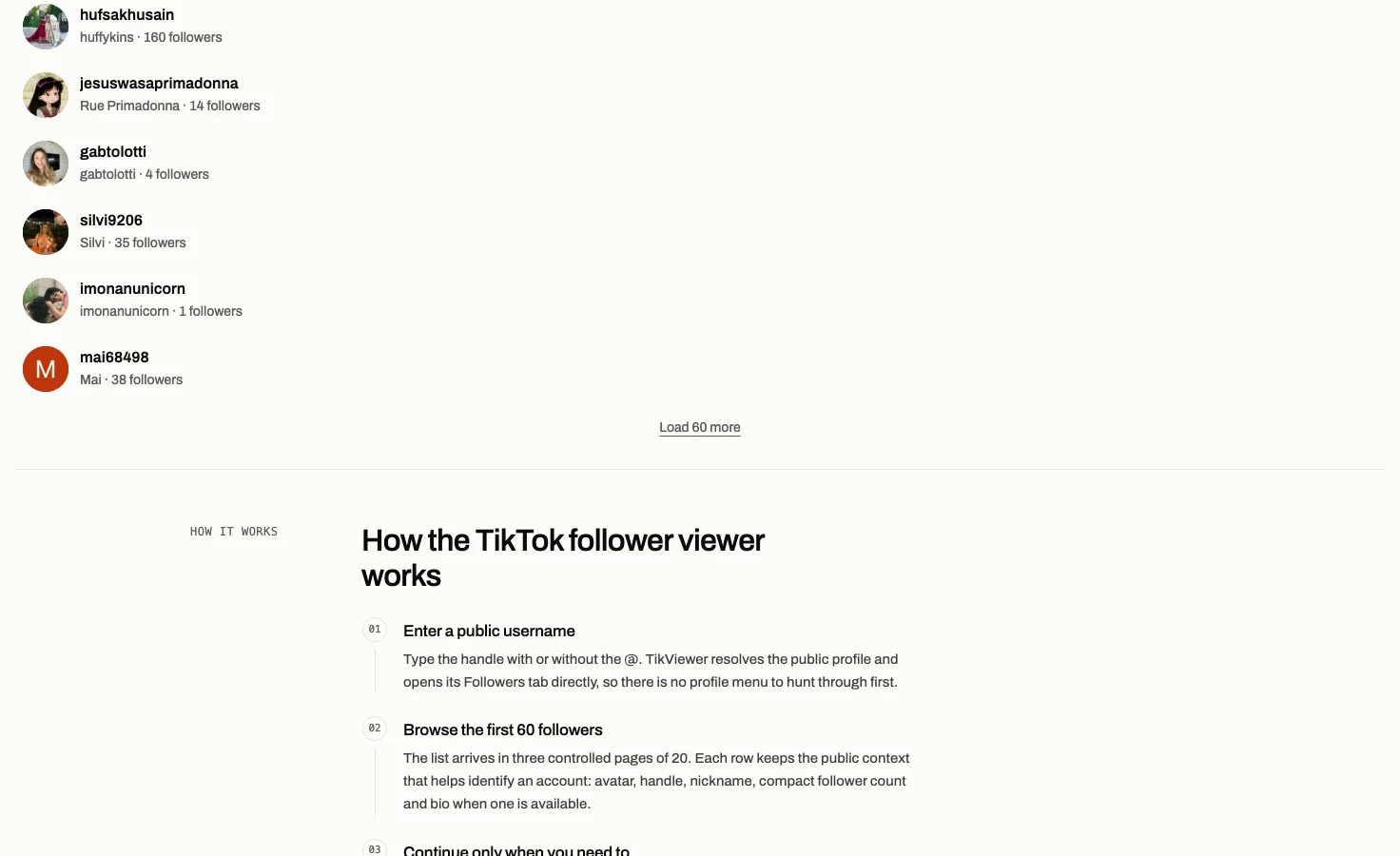 The bottom of the elenaajoyce public follower list in TikViewer with the Load 60 more control visible.
