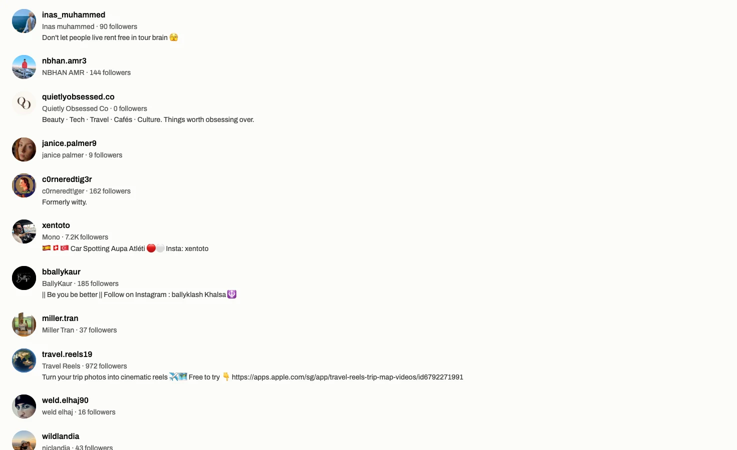 The elenaajoyce follower list in TikViewer with public follower profiles available to open from each row.