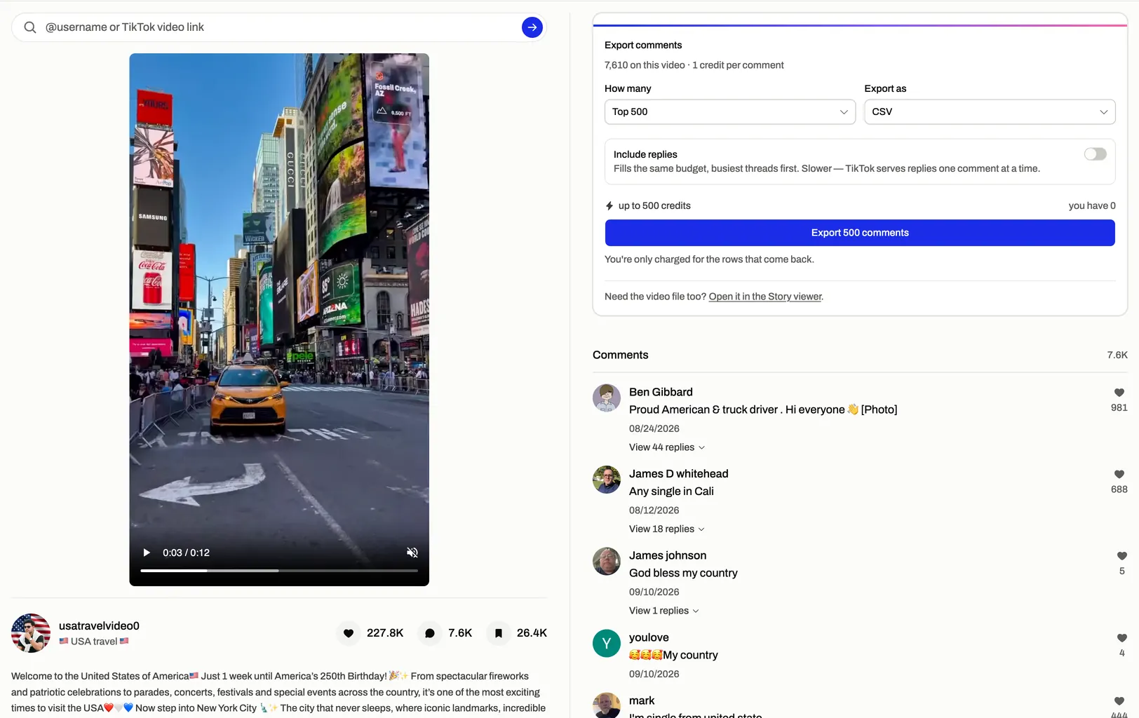 TikViewer 的评论镜头:一条 TikTok 作品的评论区,旁边是导出面板。