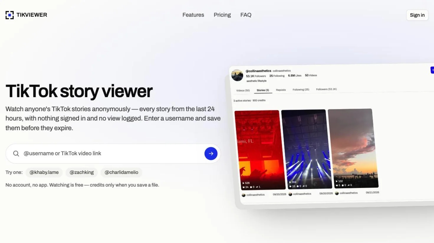 The TikViewer home screen: one field that takes a username or a video link, with the result beside it.