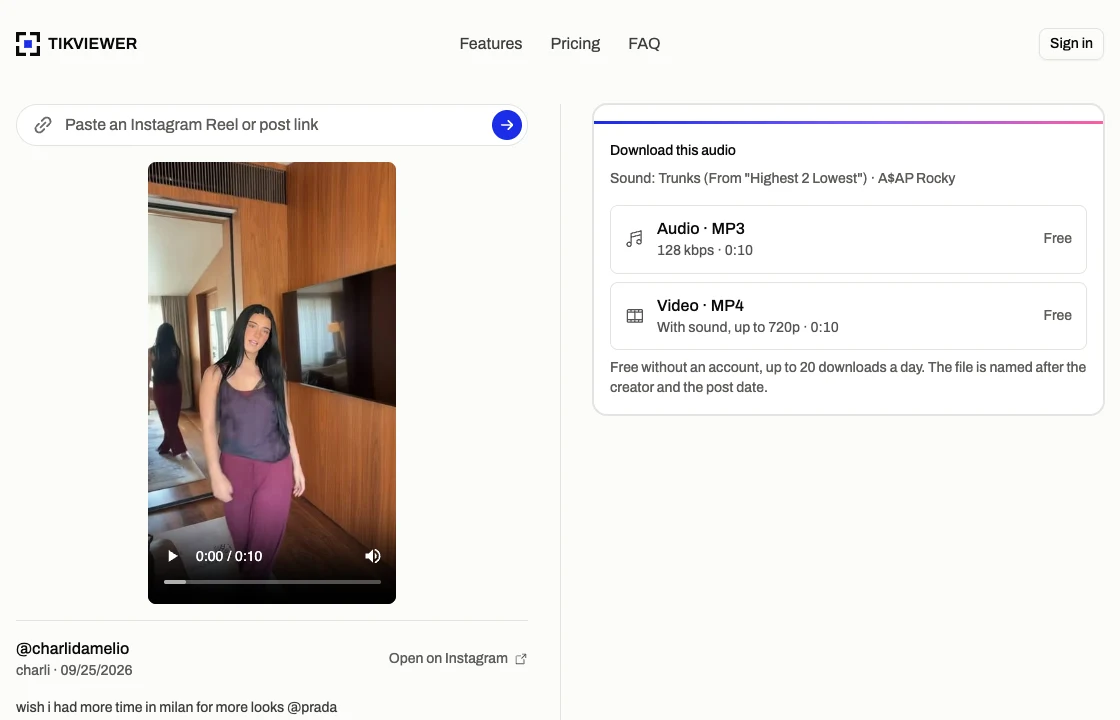 TikViewer’s Instagram audio downloader with a Reel open: the player on the left, and the name of its sound above the Audio · MP3 button on the right.
