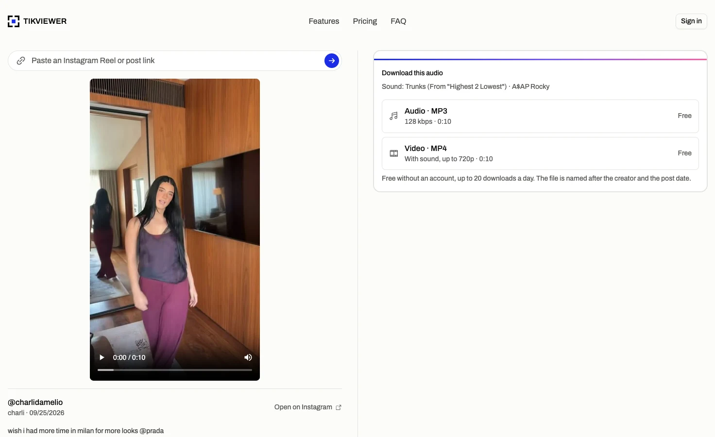 An Instagram Reel set to a licensed song in TikViewer, with the track and artist named above the download buttons.