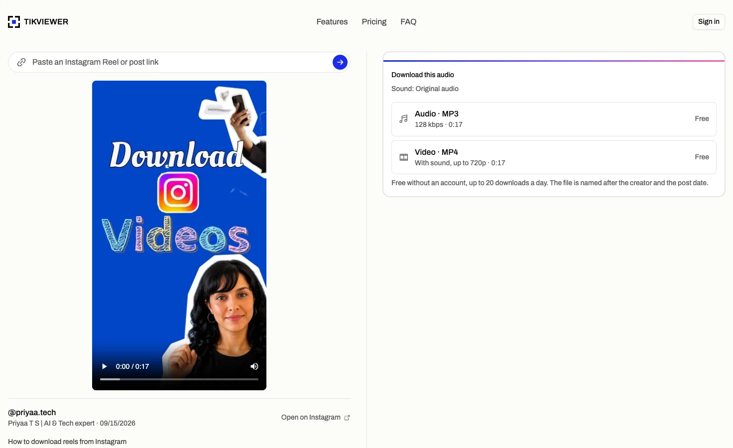 An Instagram Reel opened in TikViewer, with the name of its sound above the Audio · MP3 download button.