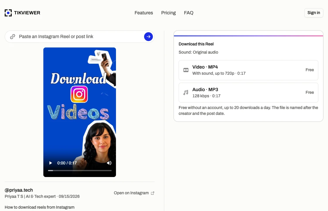 TikViewer’s Instagram Reels downloader with a Reel open: the player on the left, and the Video · MP4 and Audio · MP3 download buttons on the right.