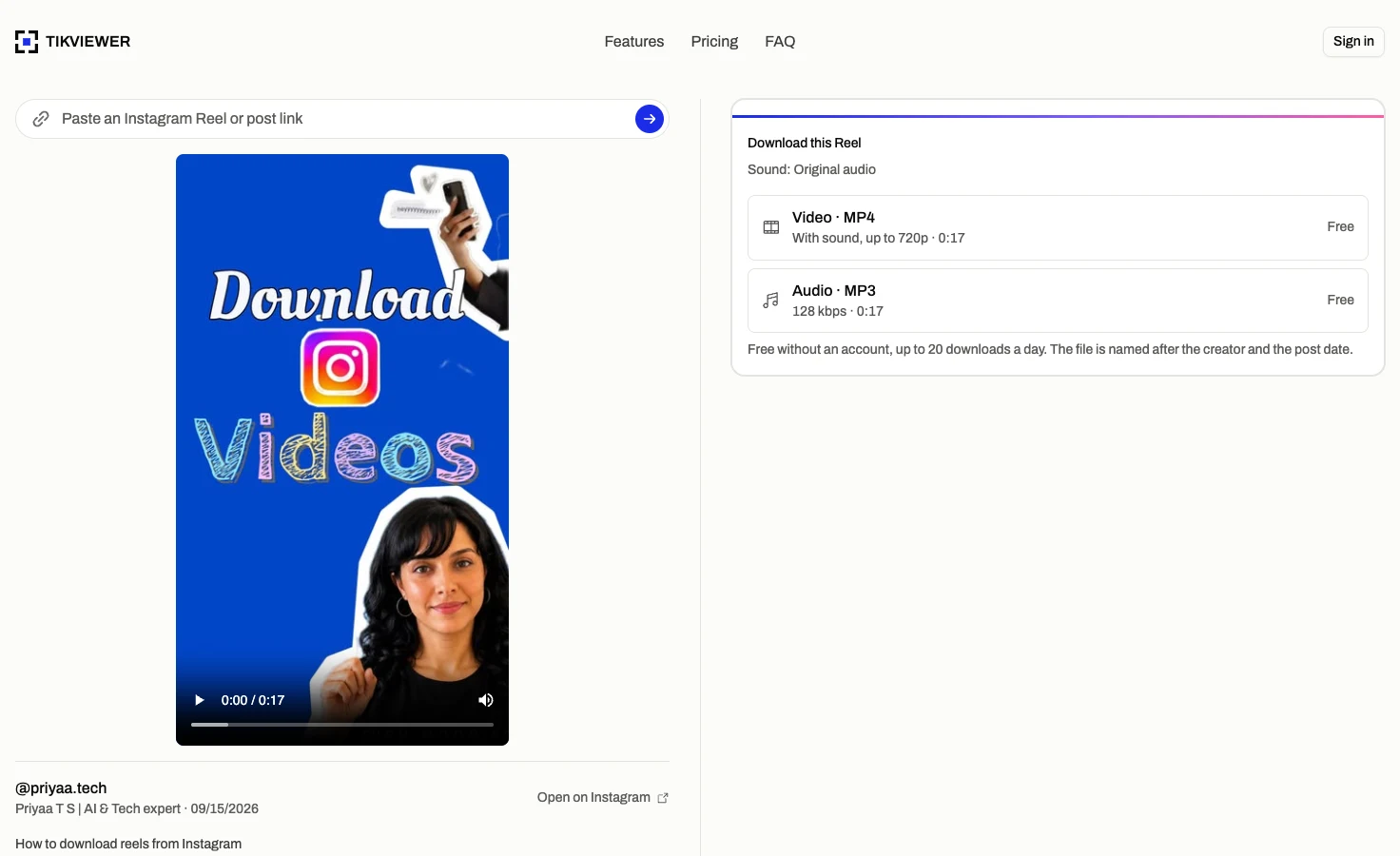 An Instagram Reel opened in TikViewer, playing on the left with the creator’s name, date and caption under it.