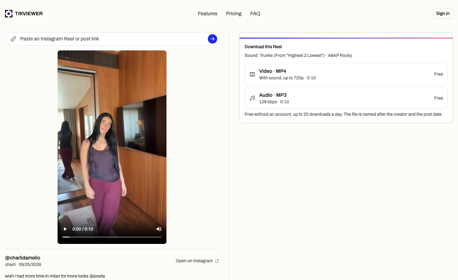 An Instagram Reel set to a licensed song in TikViewer, with the track and artist named above the Video · MP4 and Audio · MP3 buttons.
