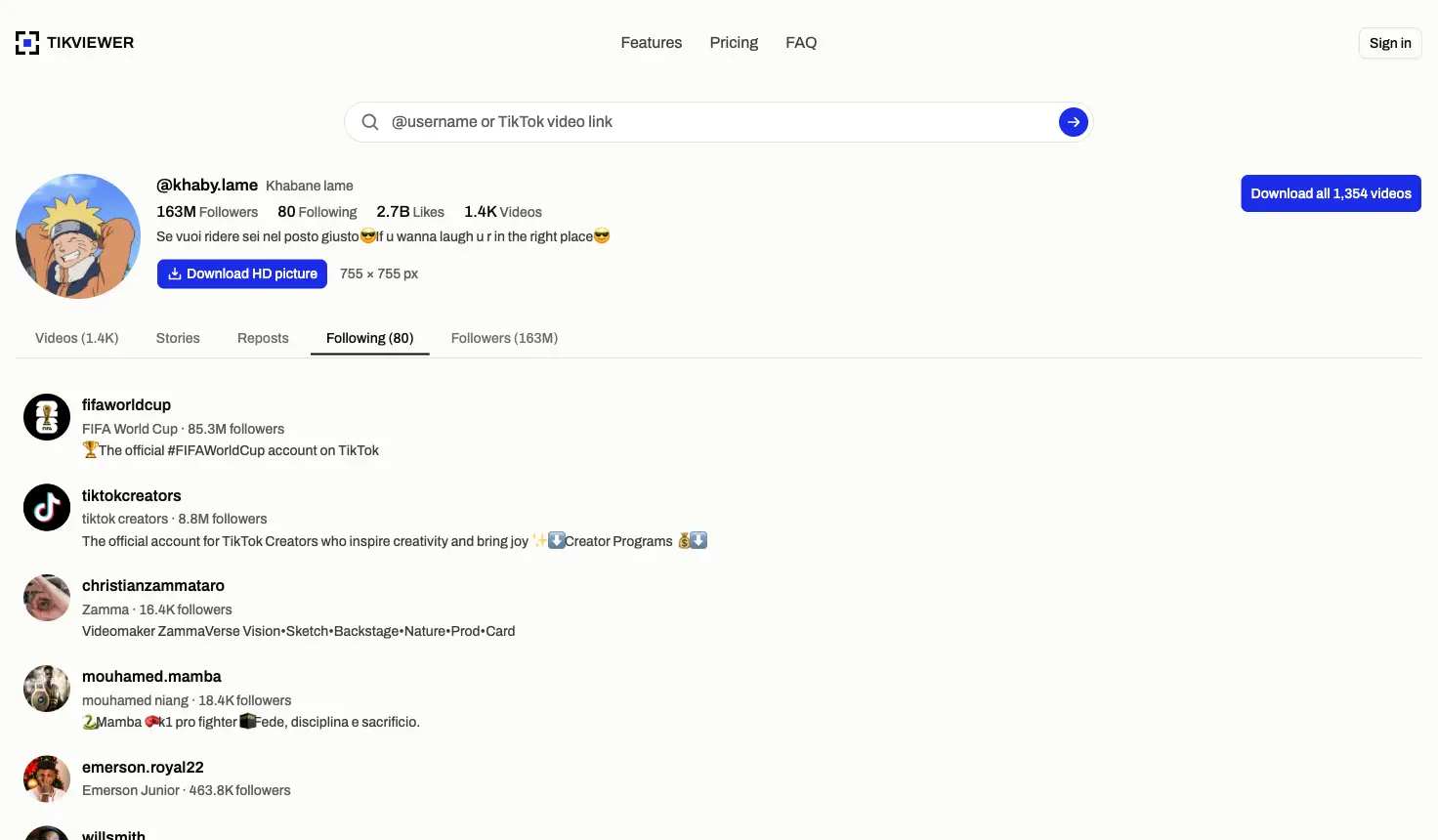 A TikTok profile open in TikViewer: the picture, the follower counts, the bio and the video grid.