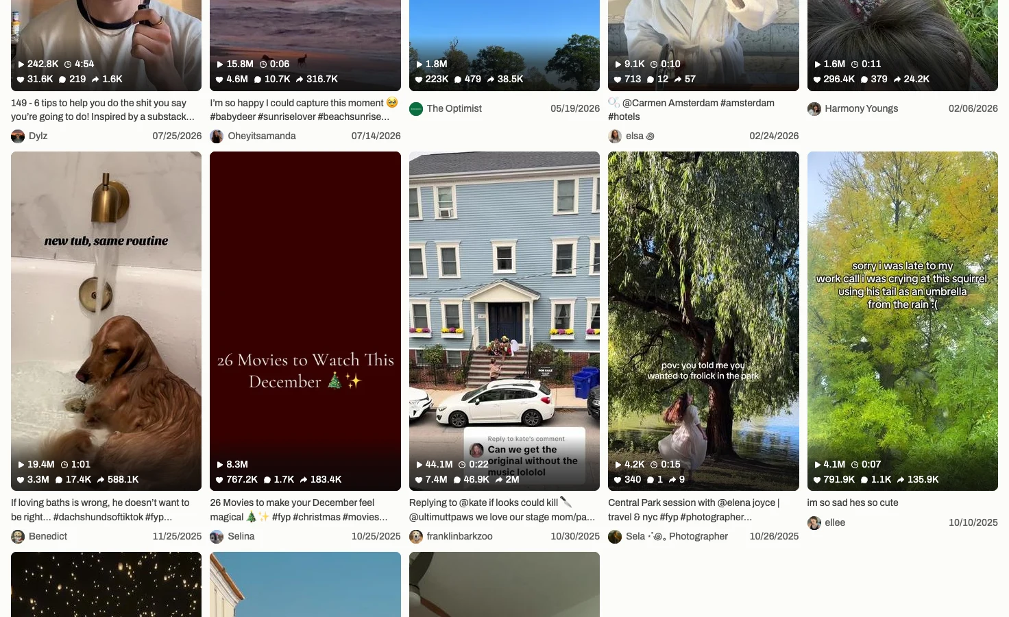 Reposted video tiles for elenaajoyce in TikViewer, each with the original creator’s avatar, name and posting date.