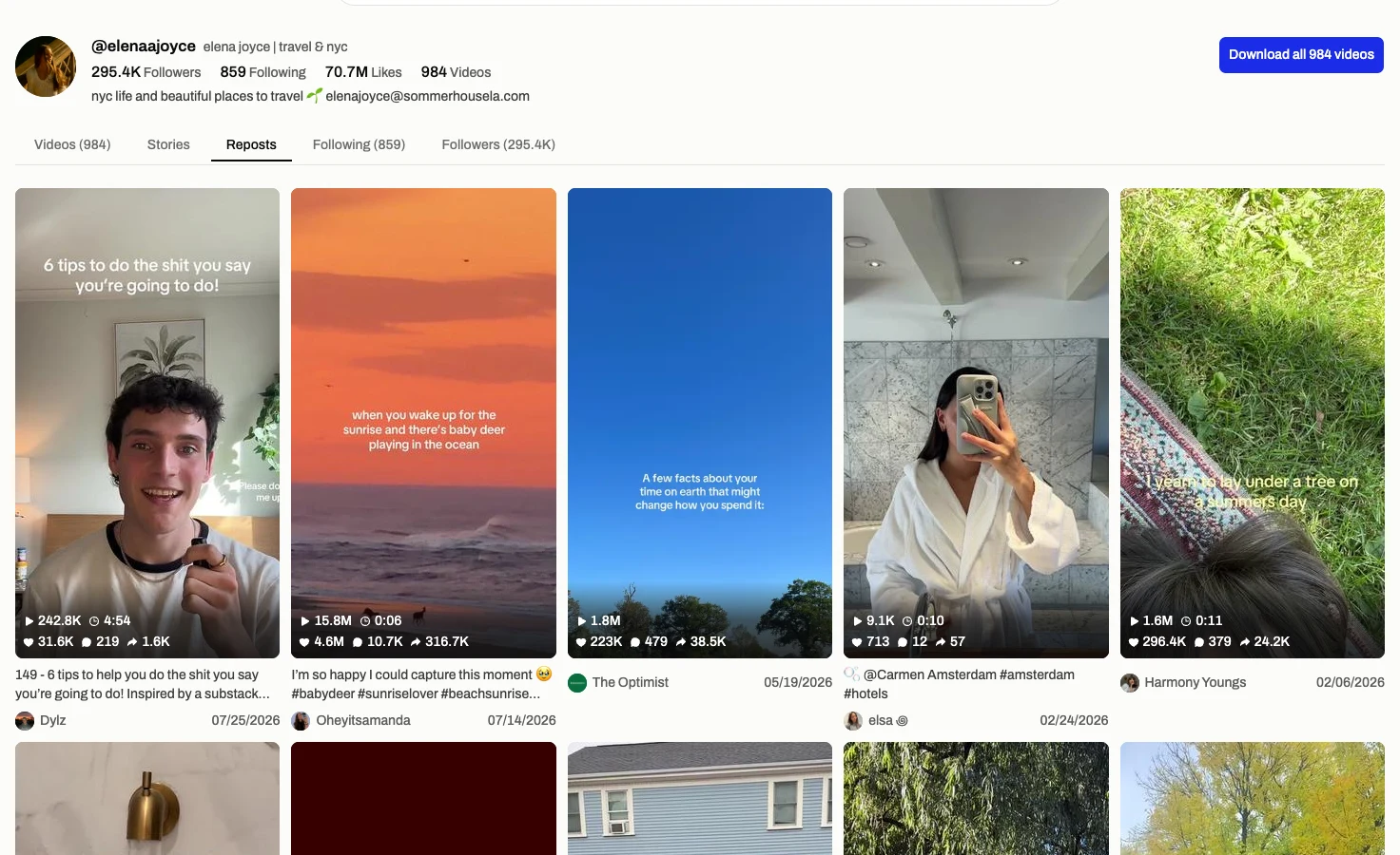 The Reposts tab for elenaajoyce in TikViewer, a grid of reposted videos under the account header.