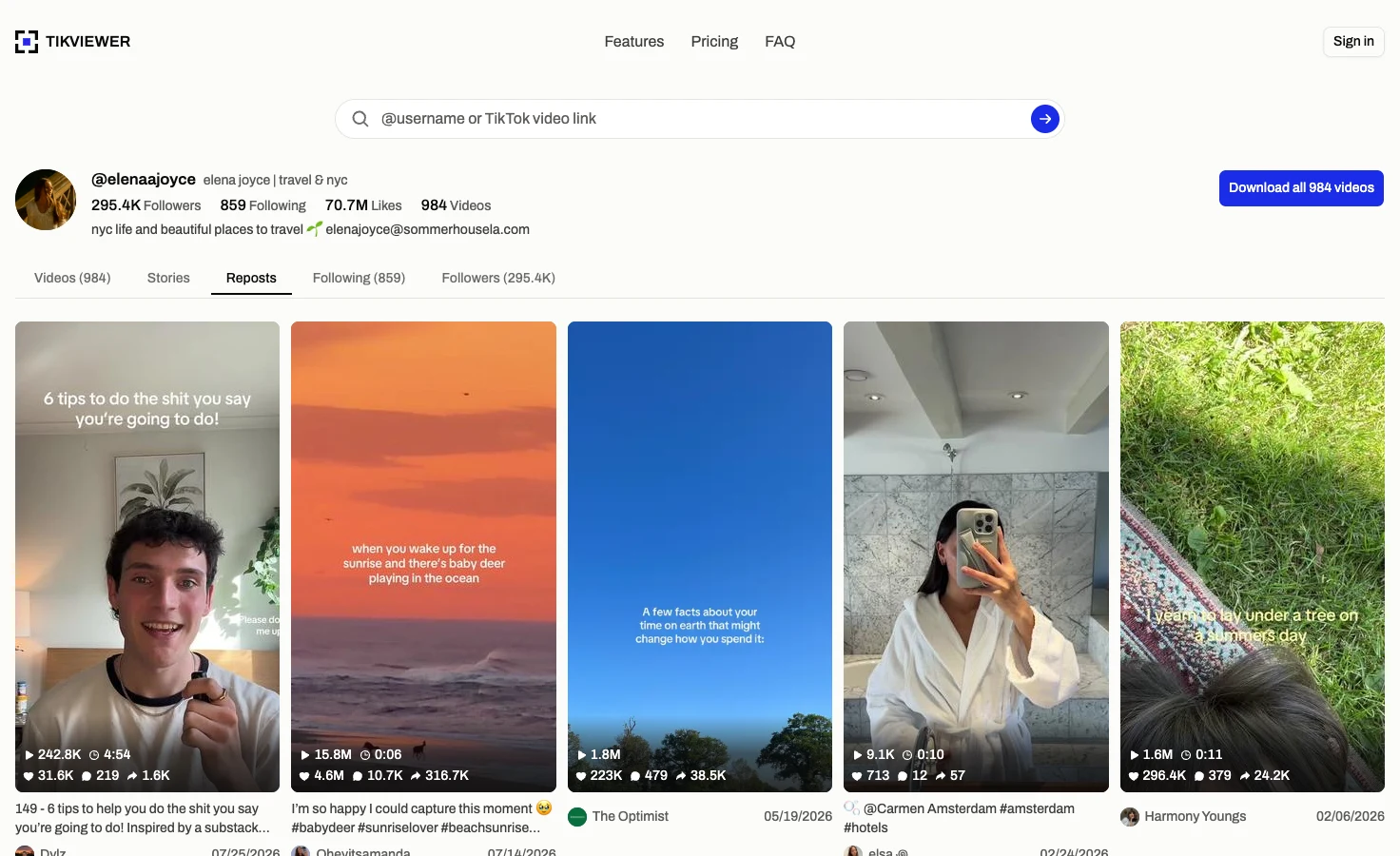The Reposts tab for elenaajoyce open in TikViewer, showing a grid of reposted videos with each original creator’s name under the cover.