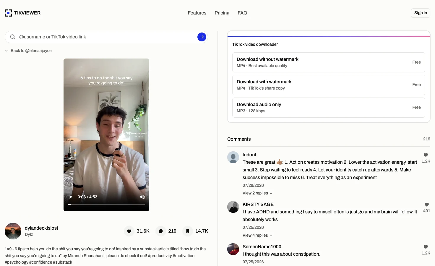 A video reposted by elenaajoyce playing in TikViewer, with its download options and comments beside it.