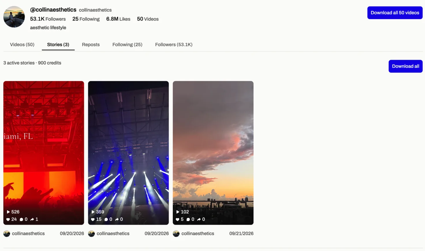 TikViewer showing a TikTok profile's Stories tab: three active stories, what the set costs, and a button to download them all.