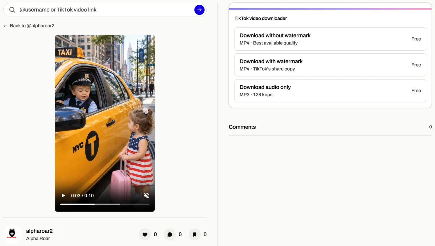 A TikTok story open in TikViewer with its download panel beside it: no-watermark MP4, watermarked MP4 and MP3, each marked Free.