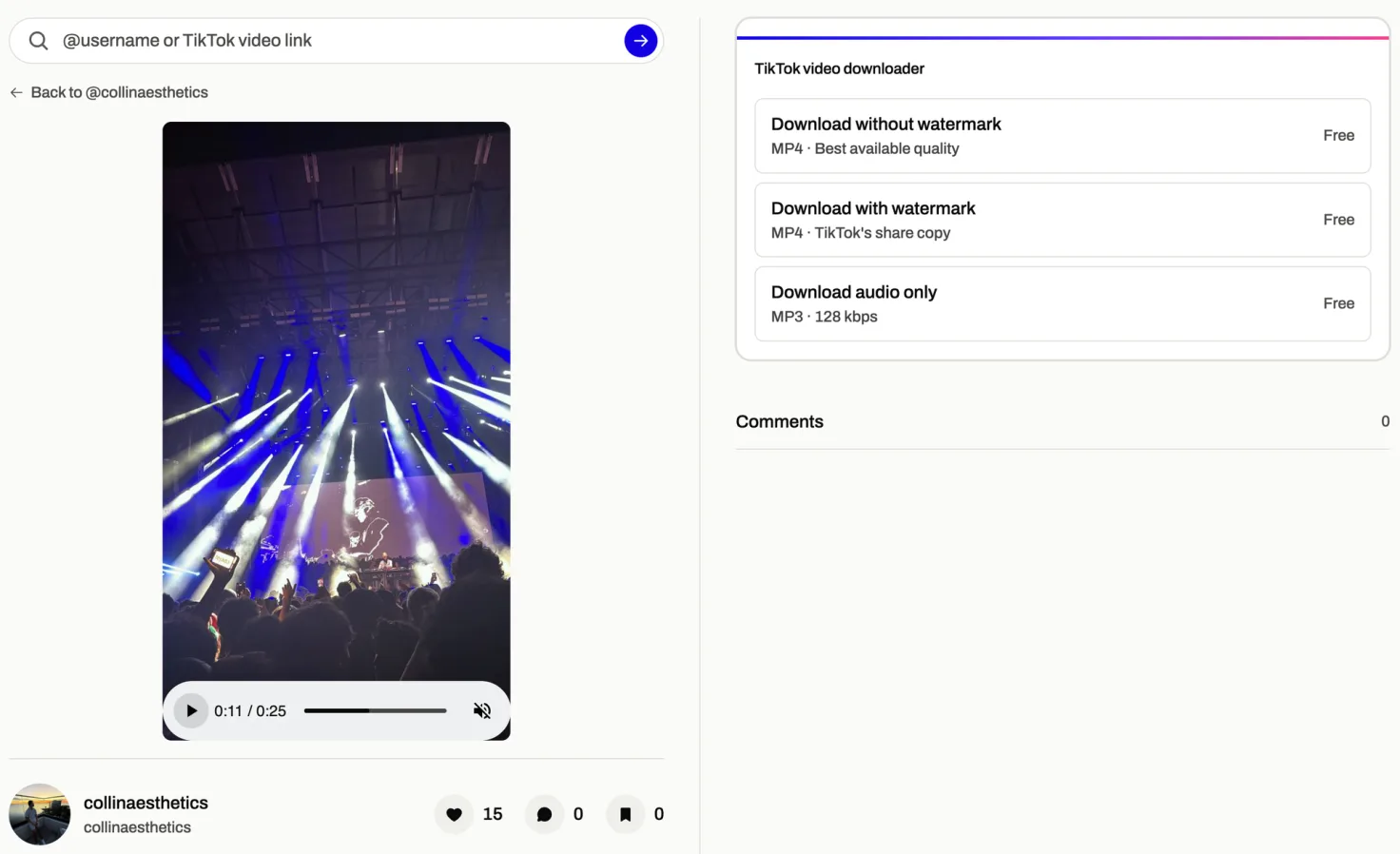 A TikTok story open in TikViewer: the clip playing on the left, its three download options on the right, and an empty comment count below them.